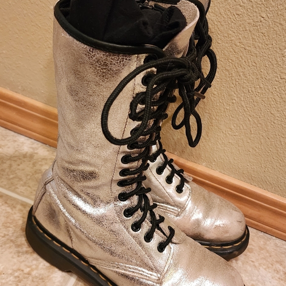 Metallic Silver Women's Dr. Martens Combat Boots - Picture 3 of 7